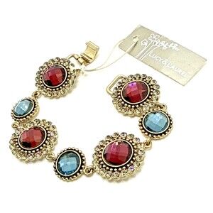 New LUCY & LAUREL Crystal Rhinestone Bracelet Purple Blue Gold Tone 7 1/4" NWT